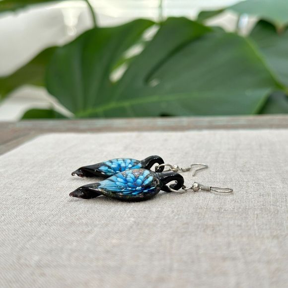 Artisan Lampwork Glass Teardrop Floral Dangle Earrings Black Blue Gold 2" - Picture 3 of 12